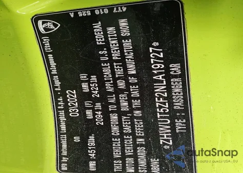 2022 Lamborghini Huracan Evo z USA, uszkodzony, nr VIN ZHWUT5ZF2NLA19727